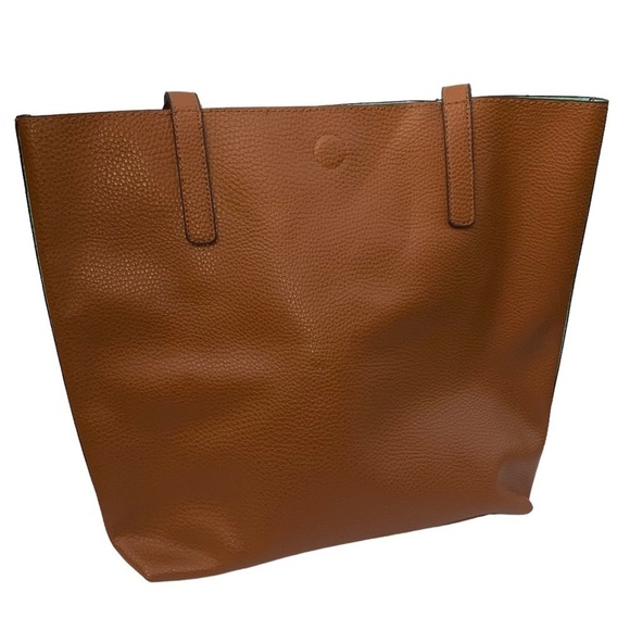 Pebbled Vegan Leather Brown and Turquoise Magnetic Closure Tote Bag - Picture 1 of 6